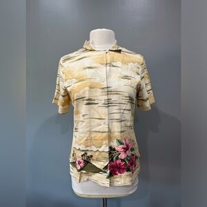 Tommy Bahama Women Shirt Top M Pink Hibiscus Hawaiian Button‎ Silk Short Sleeve